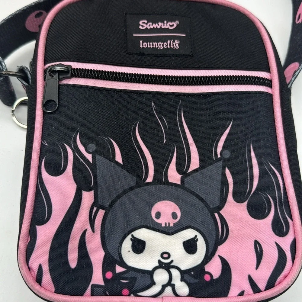 Kuromi by Sanrio Loungefly Black Pink Nylon Crossbody Bag NYB6056 - Picture 2 of 11
